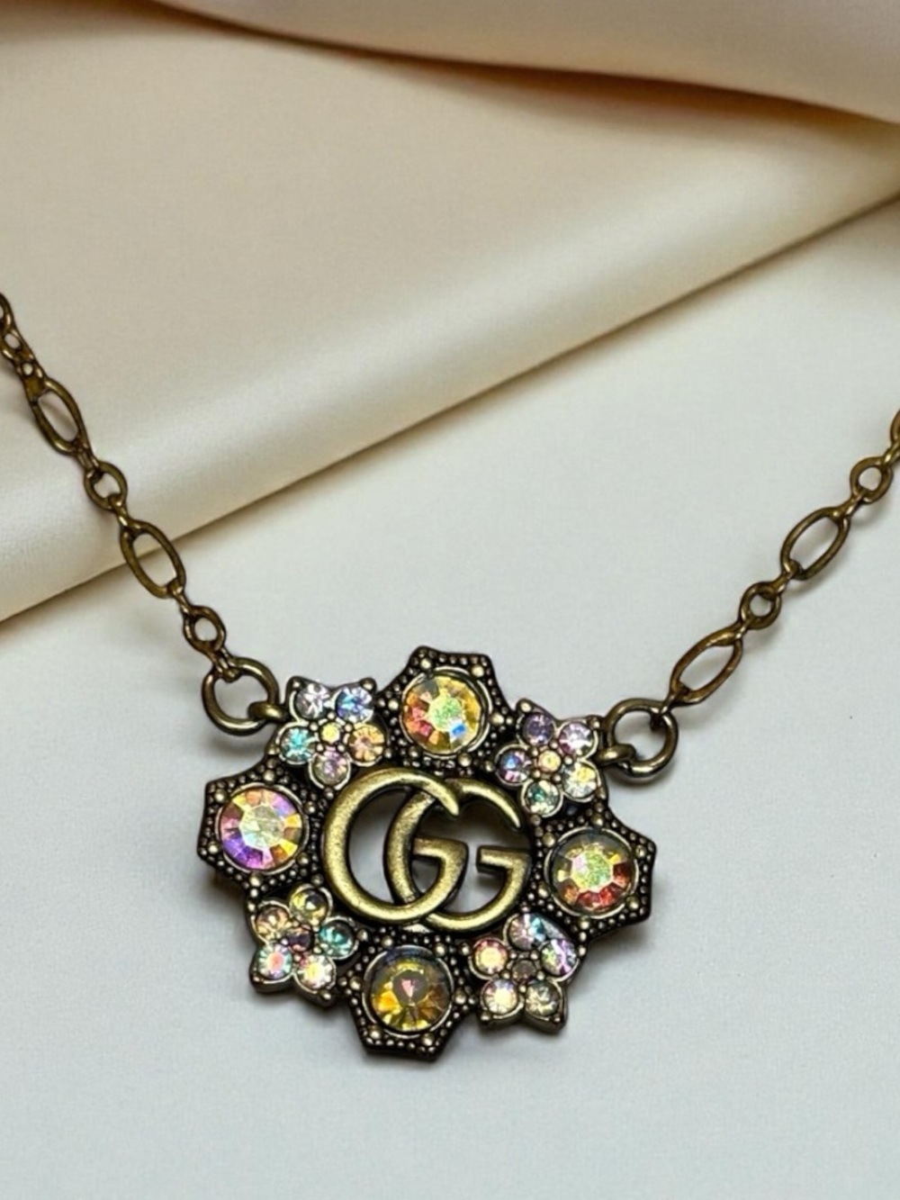Gucci Gold-Tone GG Crystal Flower Pendant Necklace